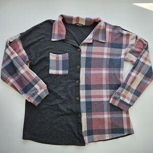 Cozy Plaid Colorblock Button-Up Shirt 2X